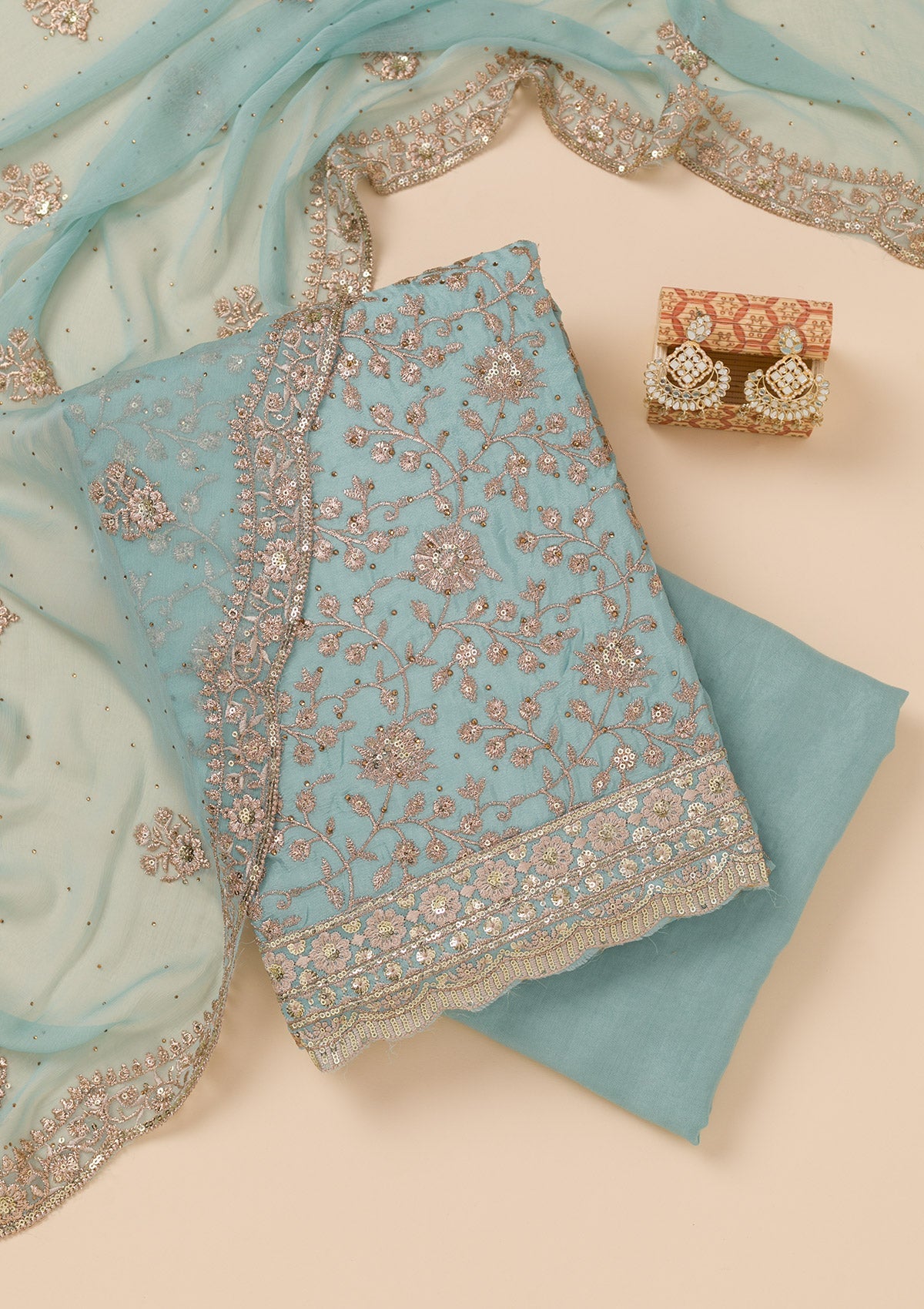 Sky Blue Zariwork Georgette Unstitched Salwar Suit