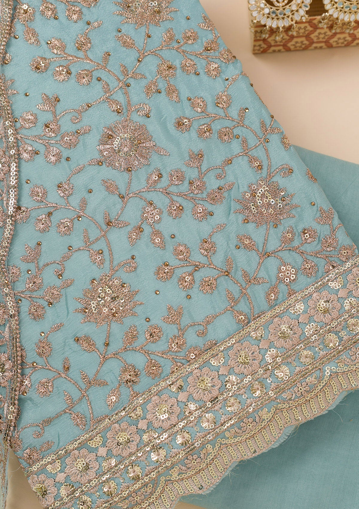 Sky Blue Zariwork Georgette Unstitched Salwar Suit