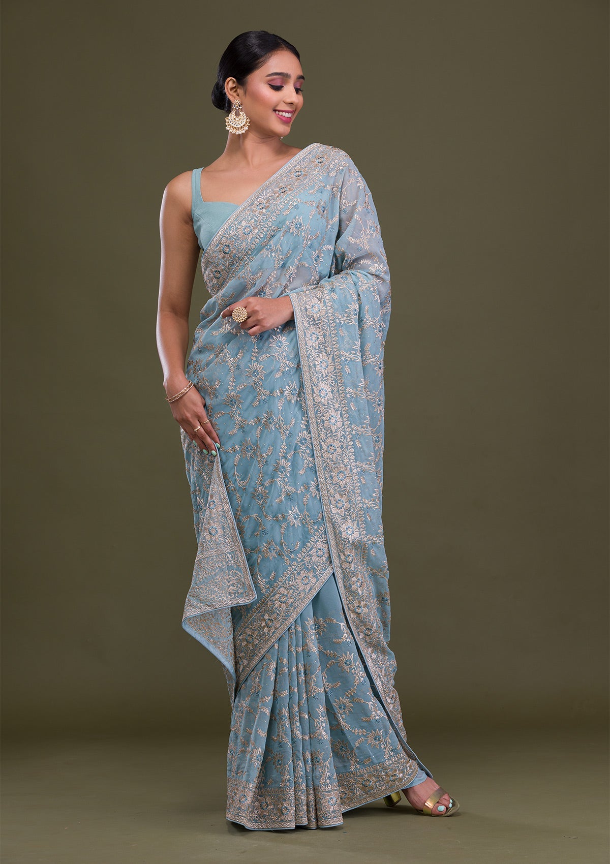 Sky Blue Zariwork Georgette Saree