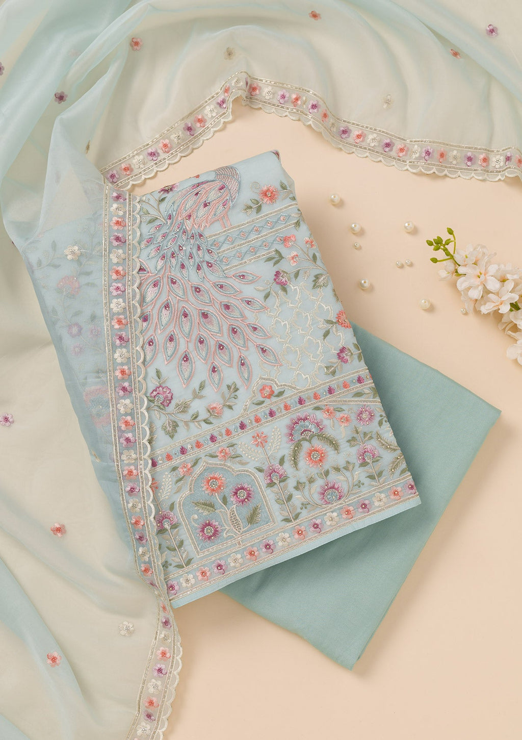 Sky Blue Zariwork Organza Unstitched Salwar Suit