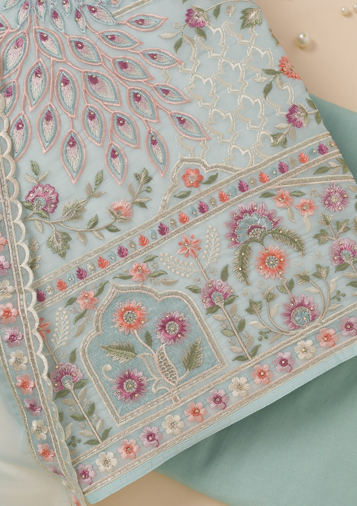 Sky Blue Zariwork Organza Unstitched Salwar Suit