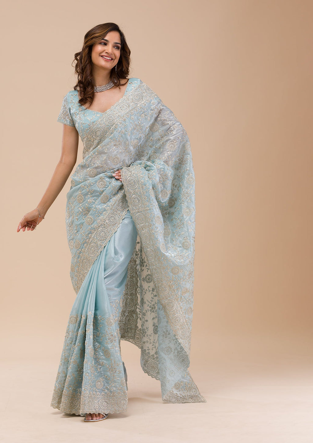 Sky Blue Zariwork (Silver) Tissue Saree