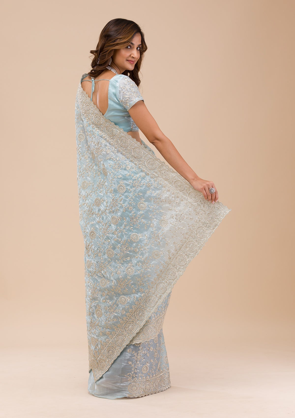 Sky Blue Zariwork (Silver) Tissue Saree
