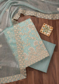 Sky Blue Zariwork Semi Crepe Unstitched Salwar Suit