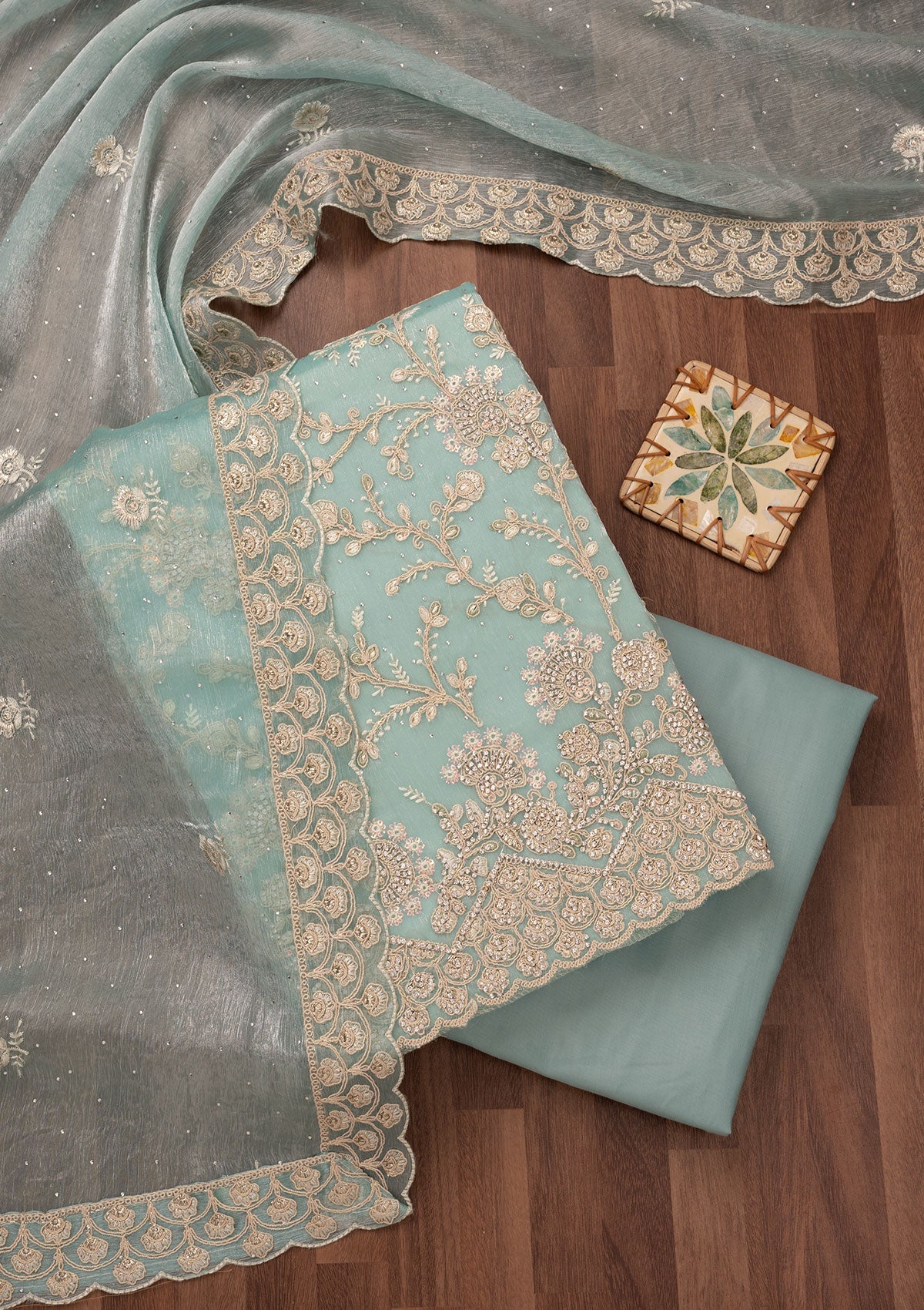 Sky Blue Zariwork Semi Crepe Unstitched Salwar Suit