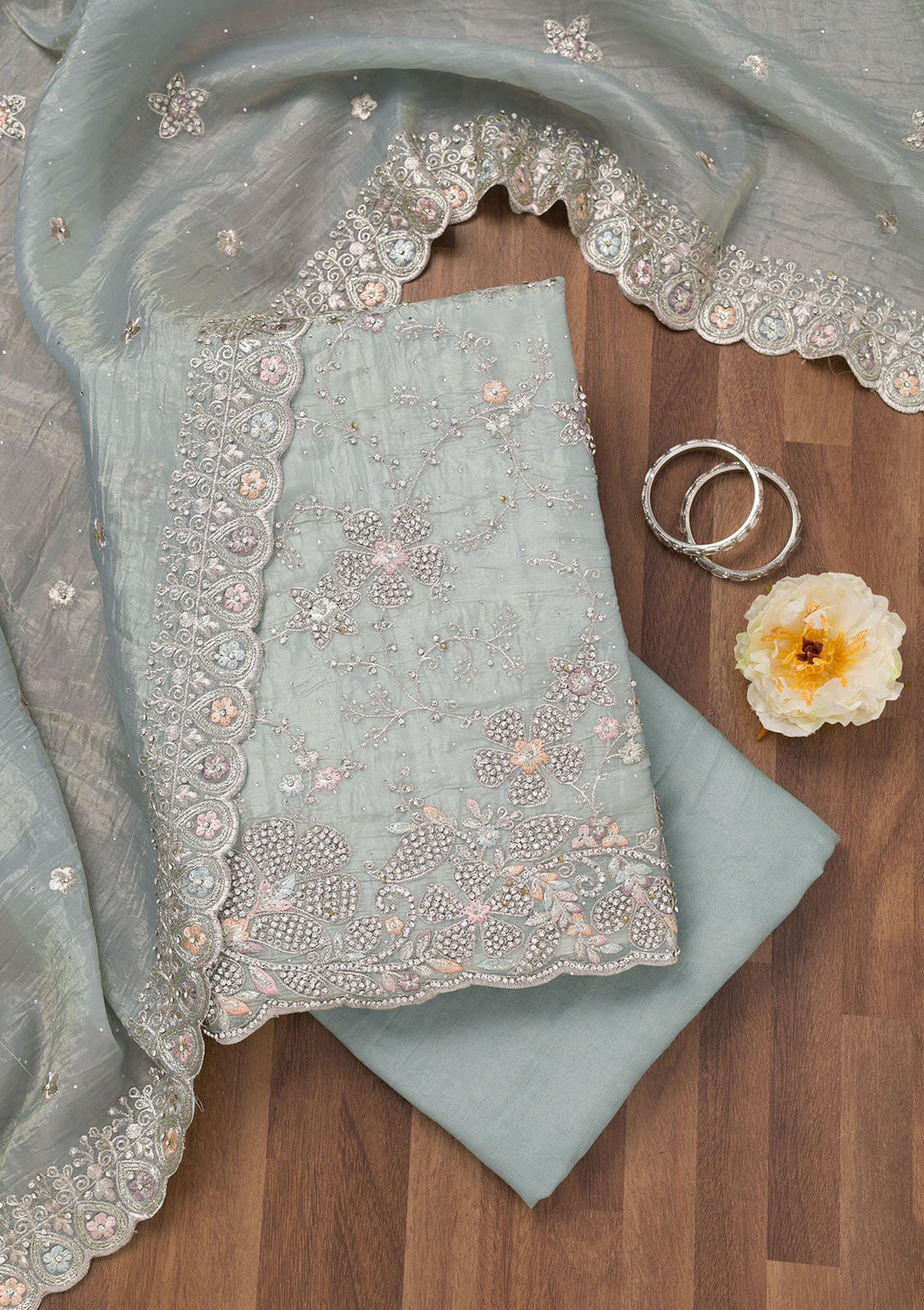 Sky Blue Zariwork Tissue Unstitched Salwar Suit