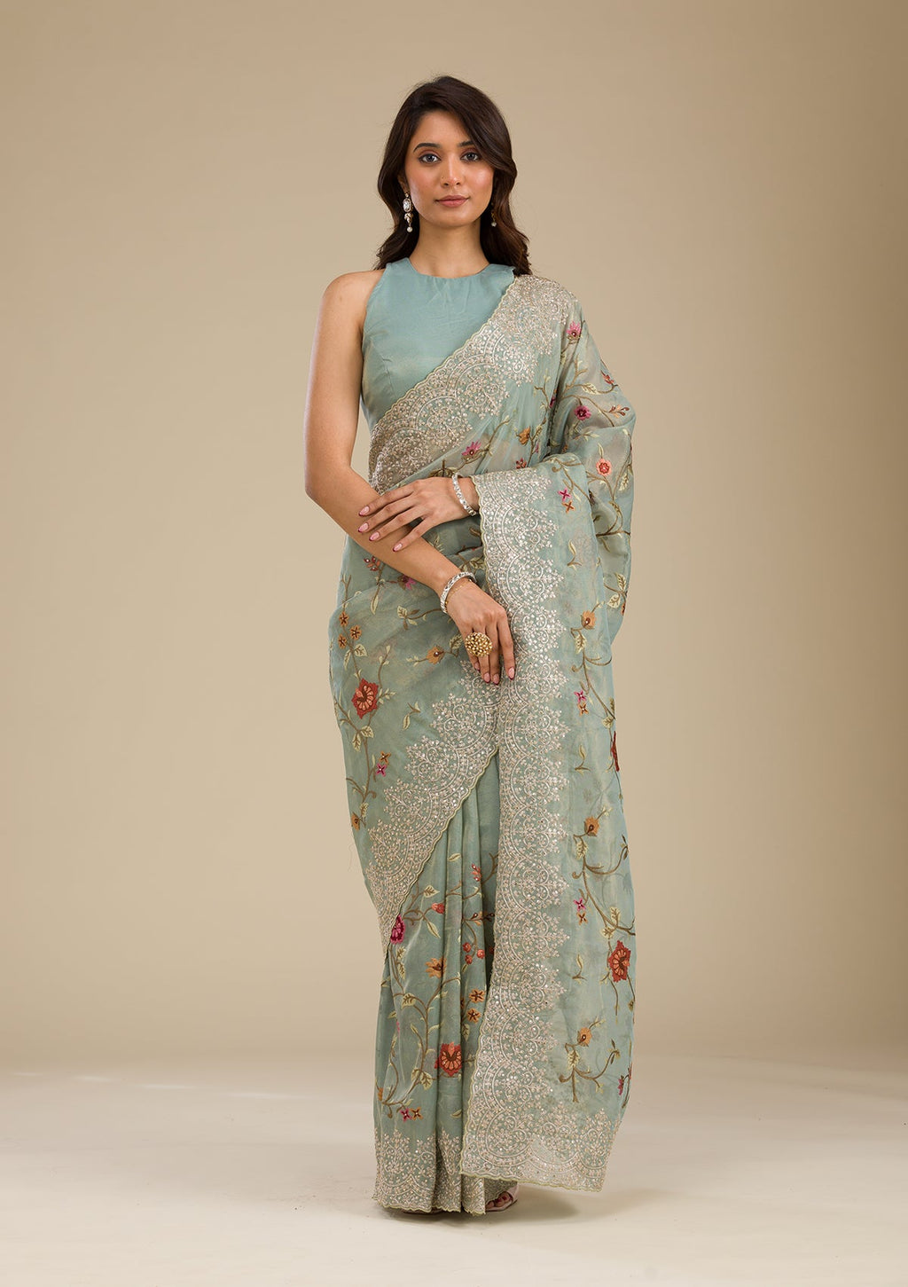 Sky Blue Zariwork Tissue Saree