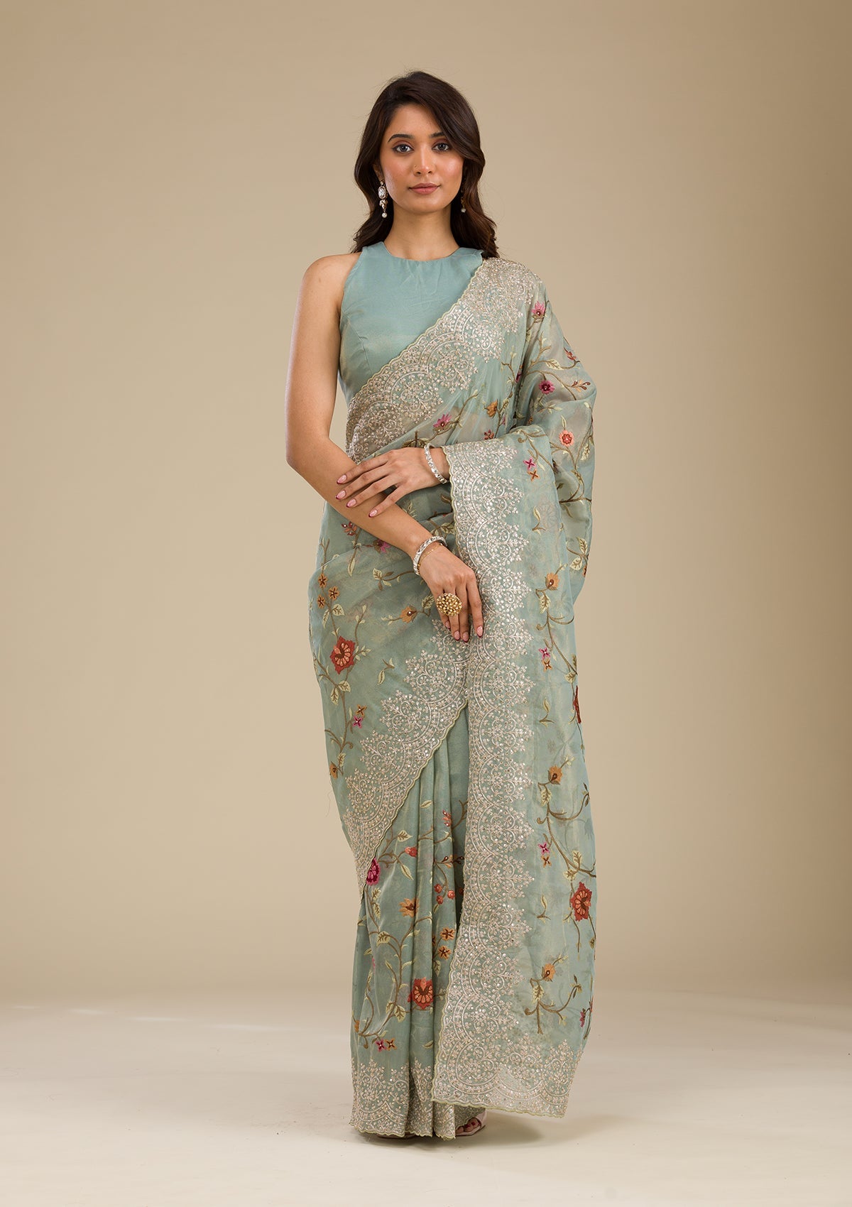 Sky Blue Zariwork Tissue Saree