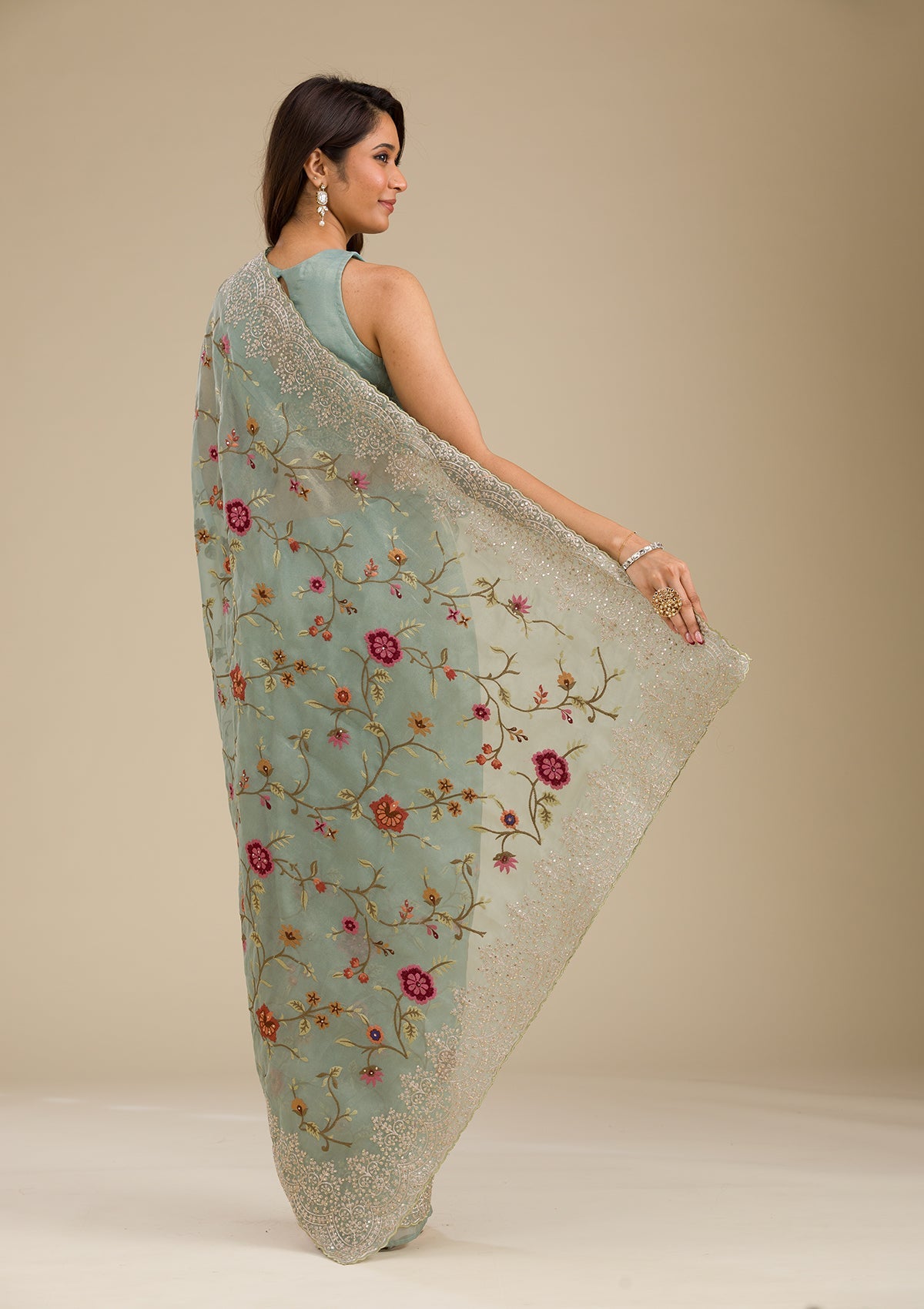 Sky Blue Zariwork Tissue Saree