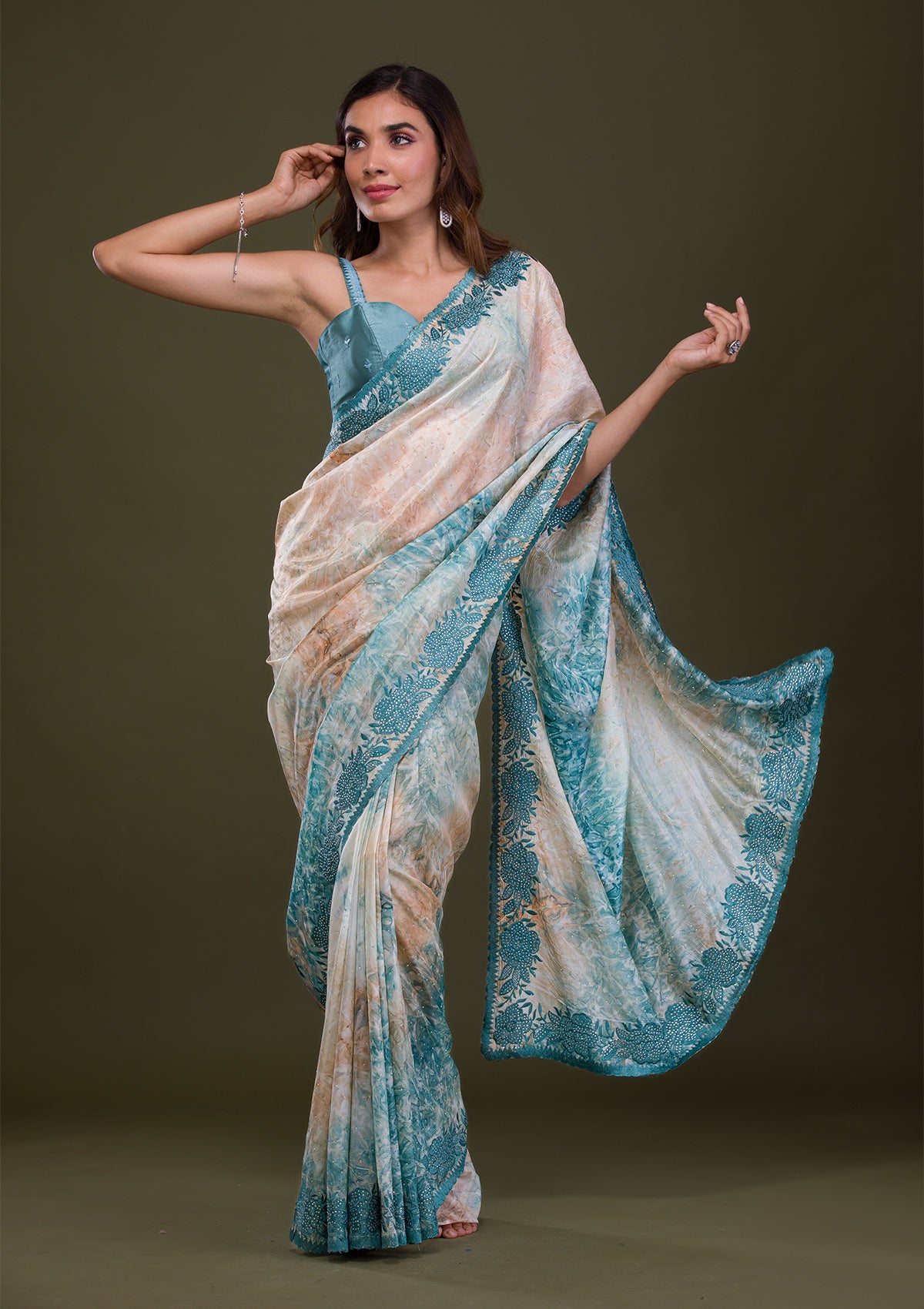 Turquoise Blue Printed Semi Crepe Saree