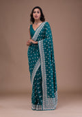 Turquoise Blue Silver Zariwork Raw Silk Saree