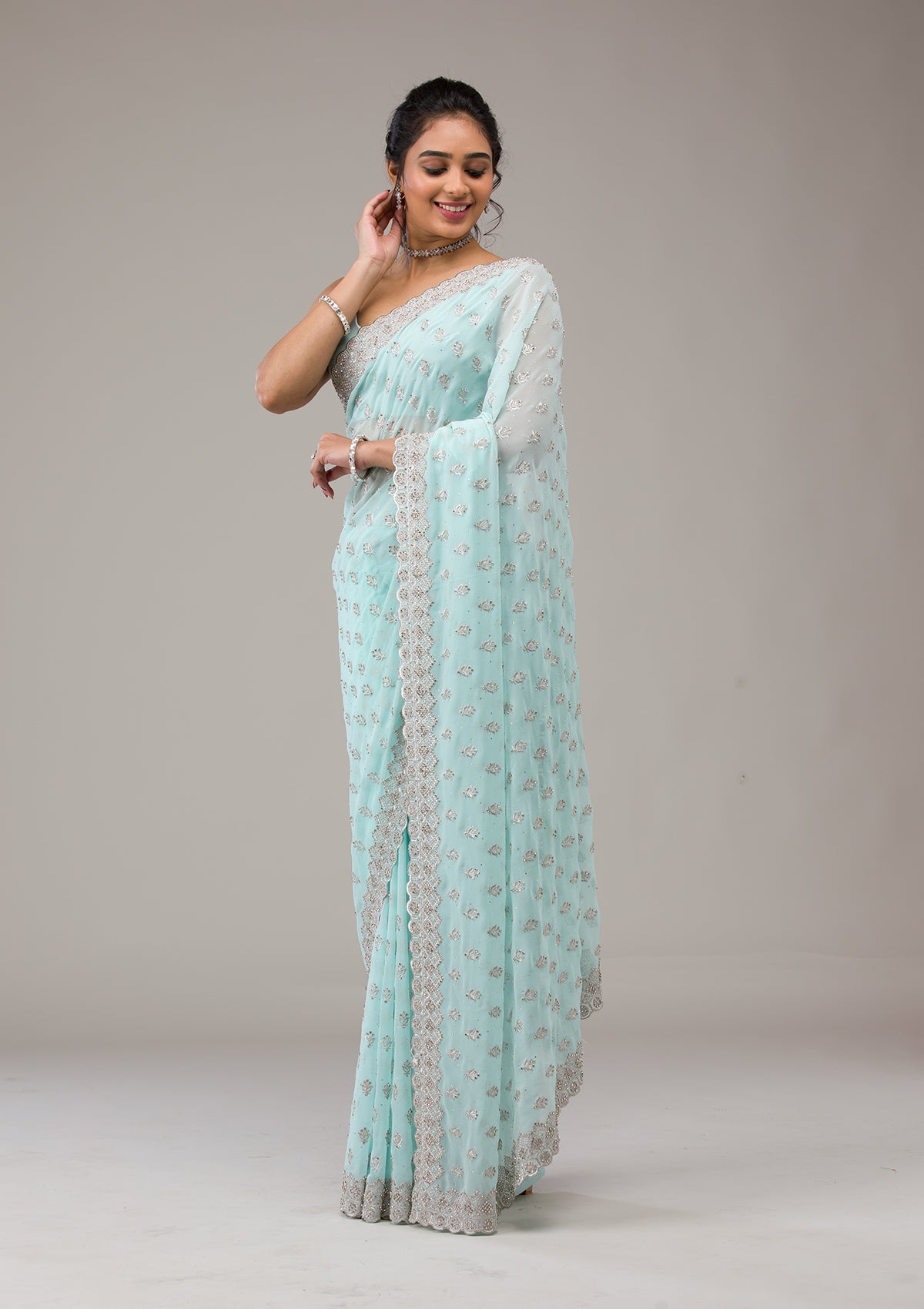 Sky Blue Stonework Georgette Saree
