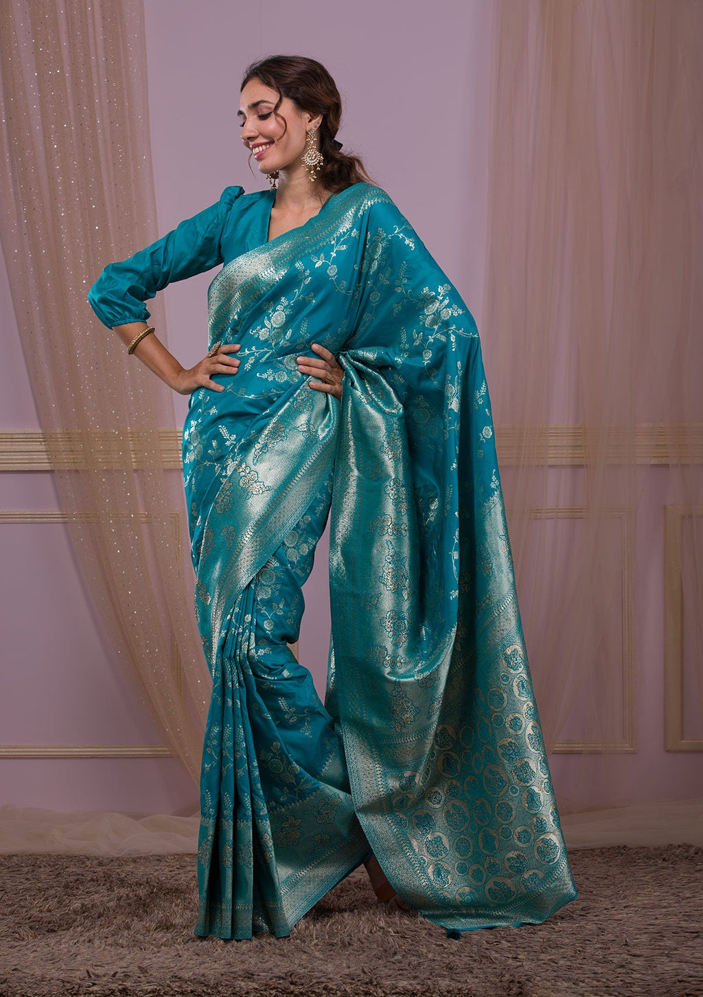 Turquoise Blue Swarovski Banarasi Saree