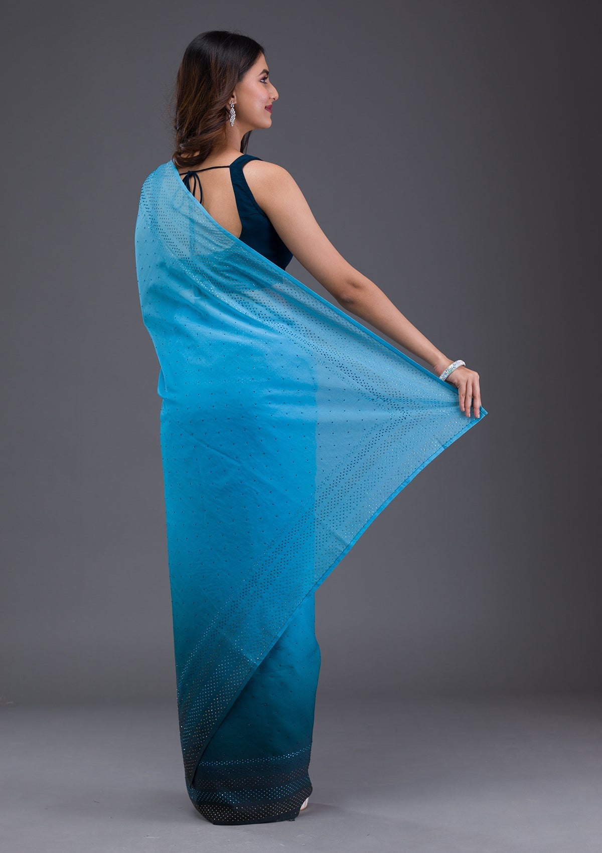 Turquoise Blue Swarovski Satin Saree