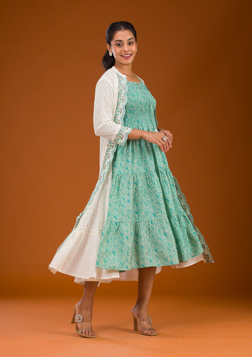 Turquoise Blue Threadwork Semi Crepe Readymade Salwar Suit