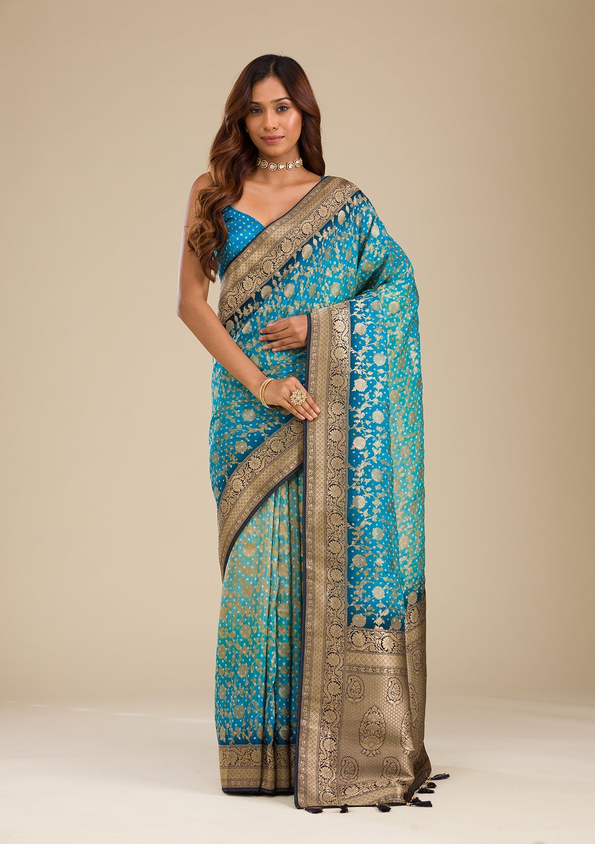 Turquoise Blue Zariwork (Gold) Silk Saree