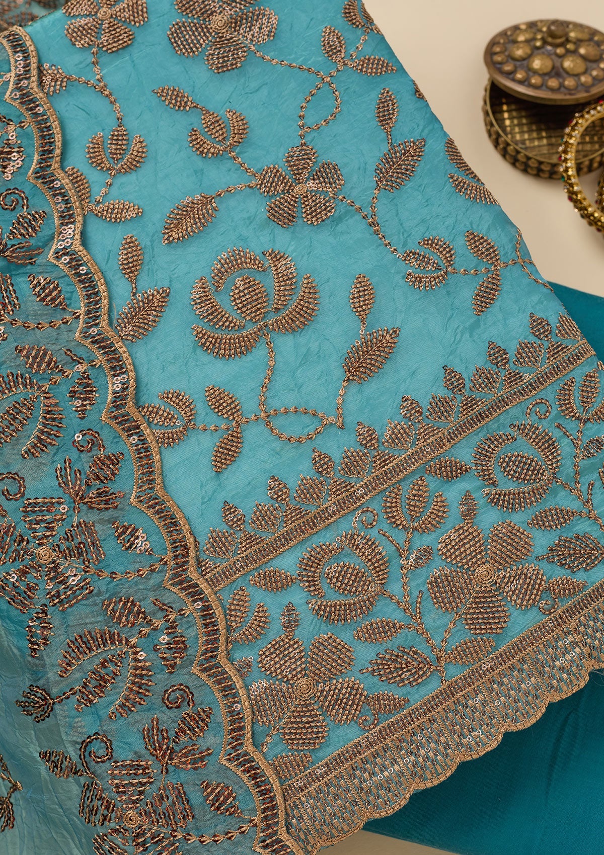 Turquoise Blue Zariwork Raw Silk Unstitched Salwar Suit