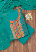 Turquoise Blue Zariwork Semi Crepe Unstitched Salwar Suit