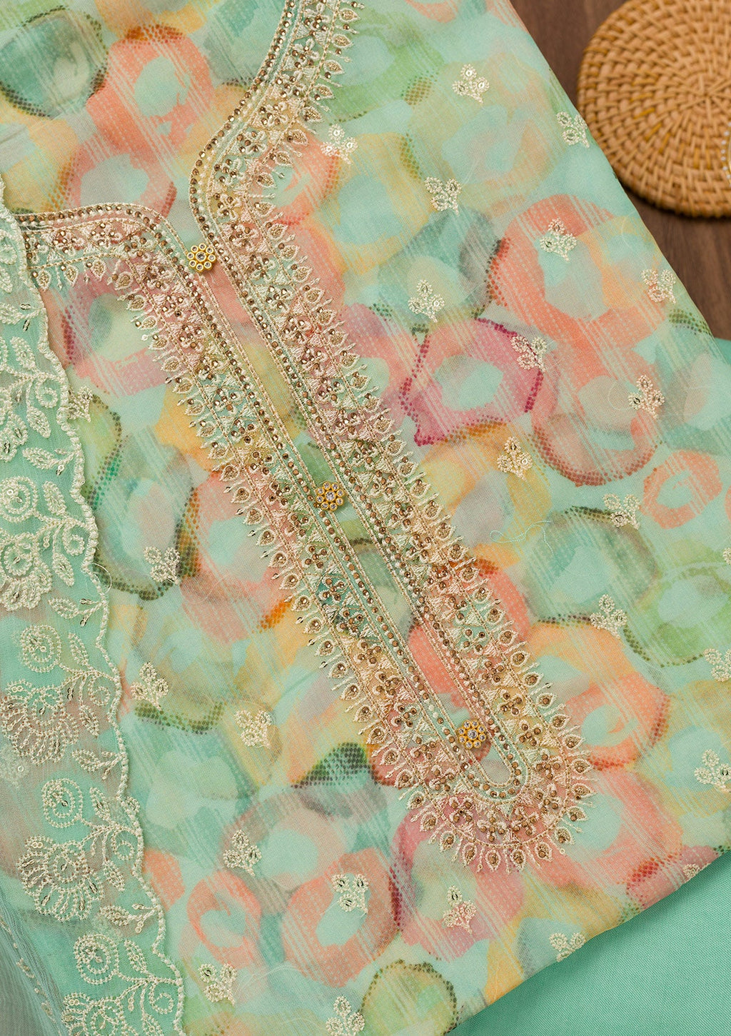Turquoise Blue Zariwork Semi Crepe Unstitched Salwar Suit