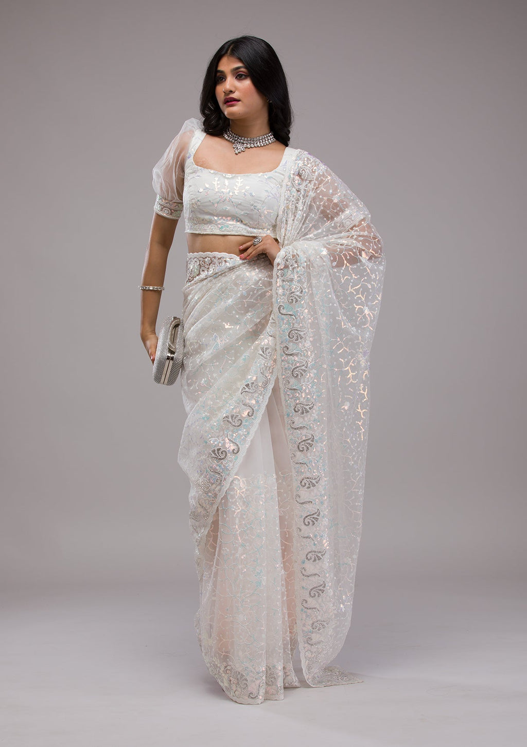 White Sequins Net Saree