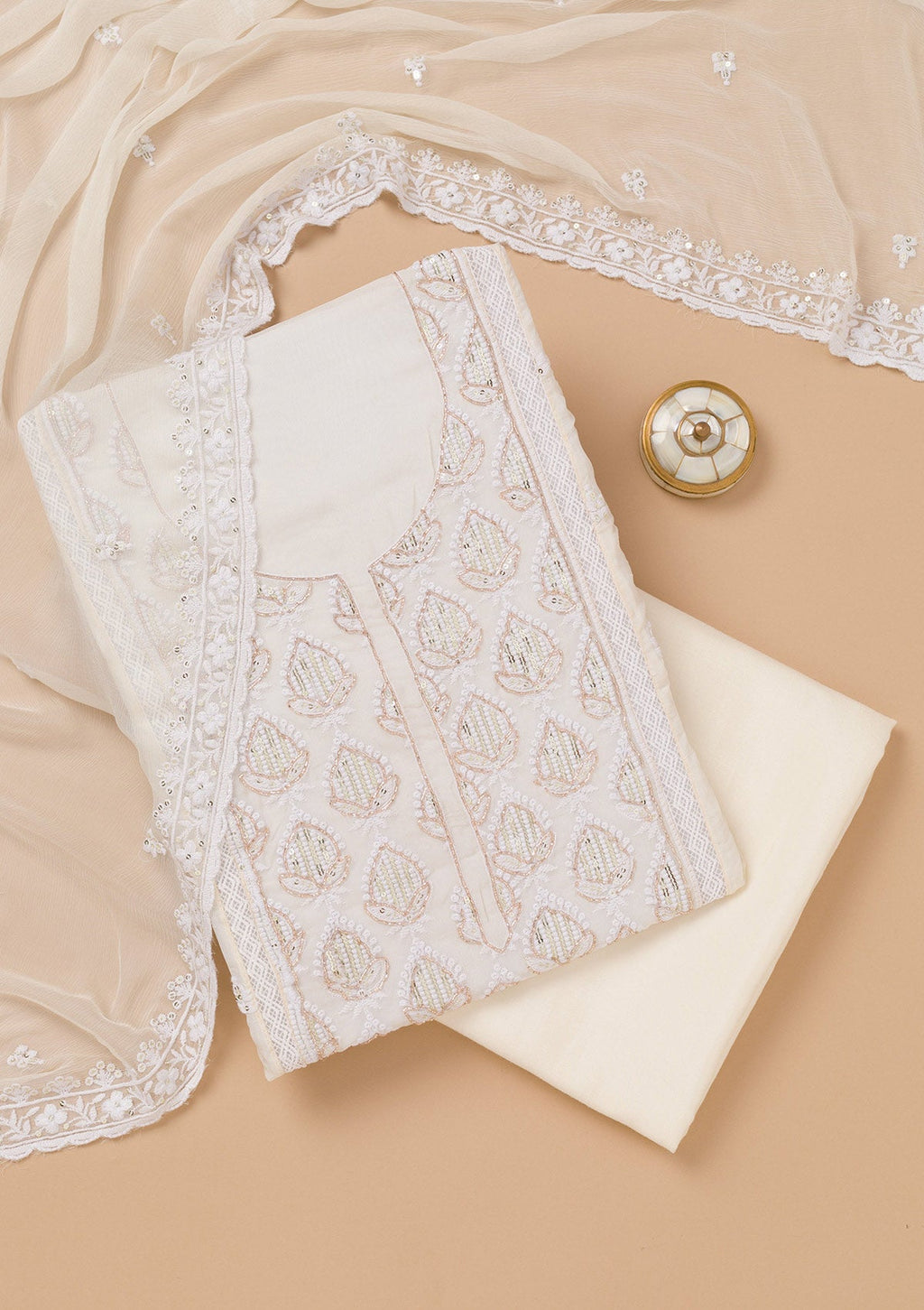 White Threadwork Semi Crepe Unstitched Salwar Suit