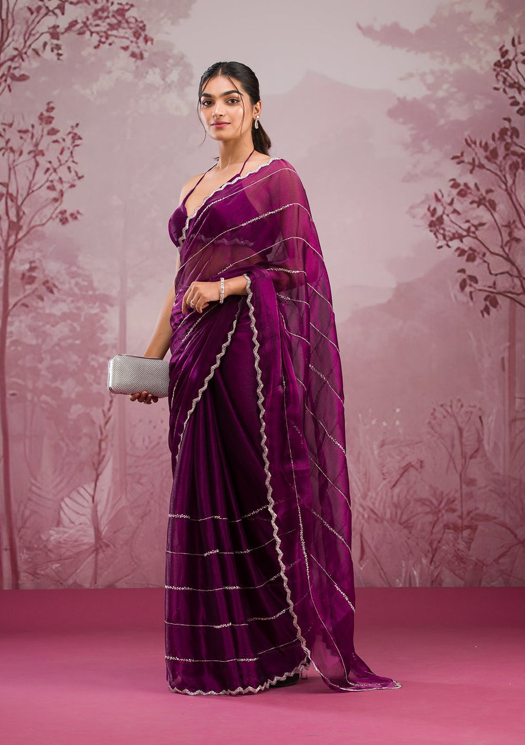 Wine Cutdana Organza Saree