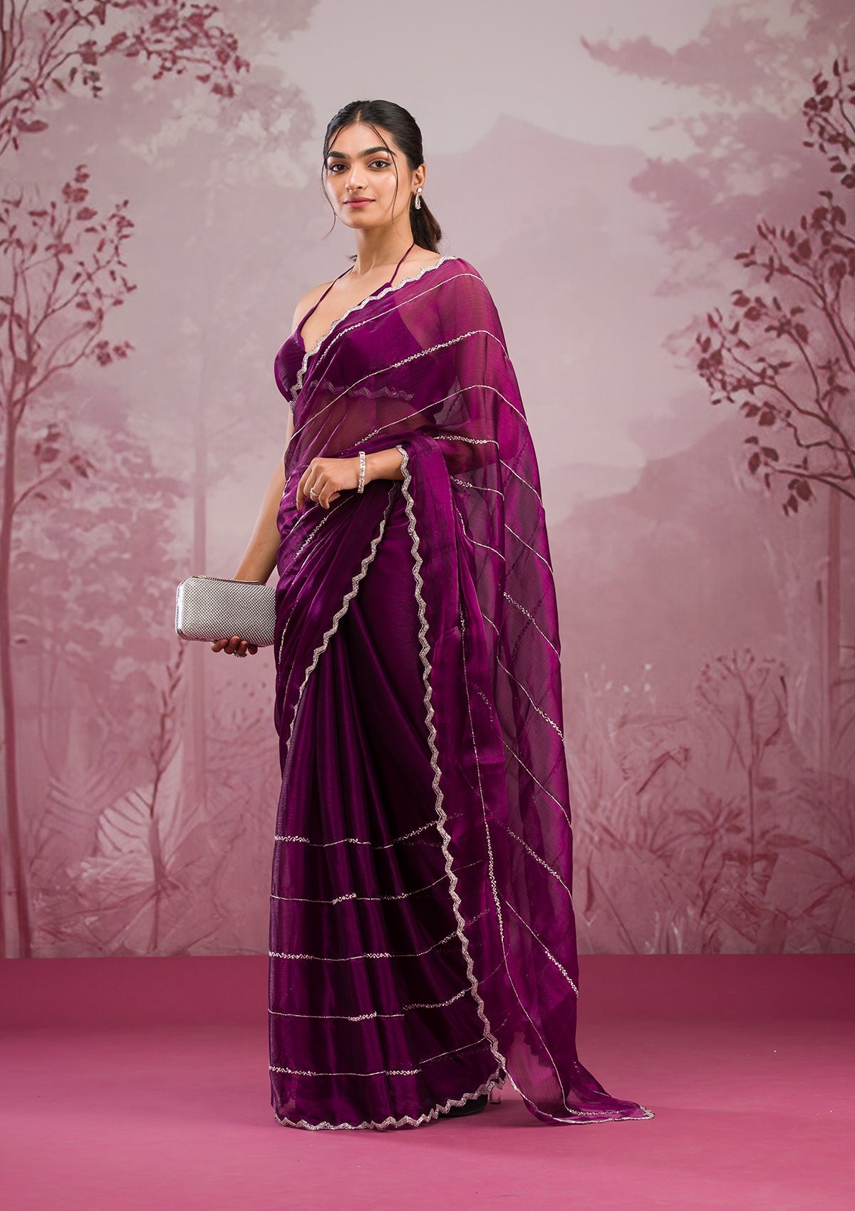 Wine Cutdana Organza Saree