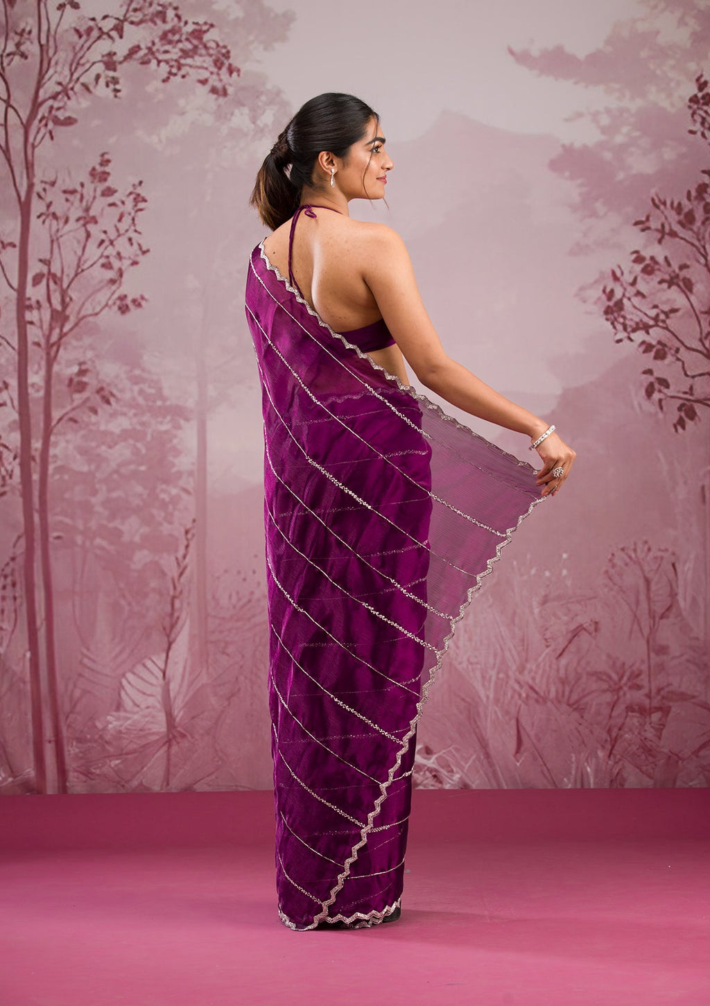 Wine Cutdana Organza Saree
