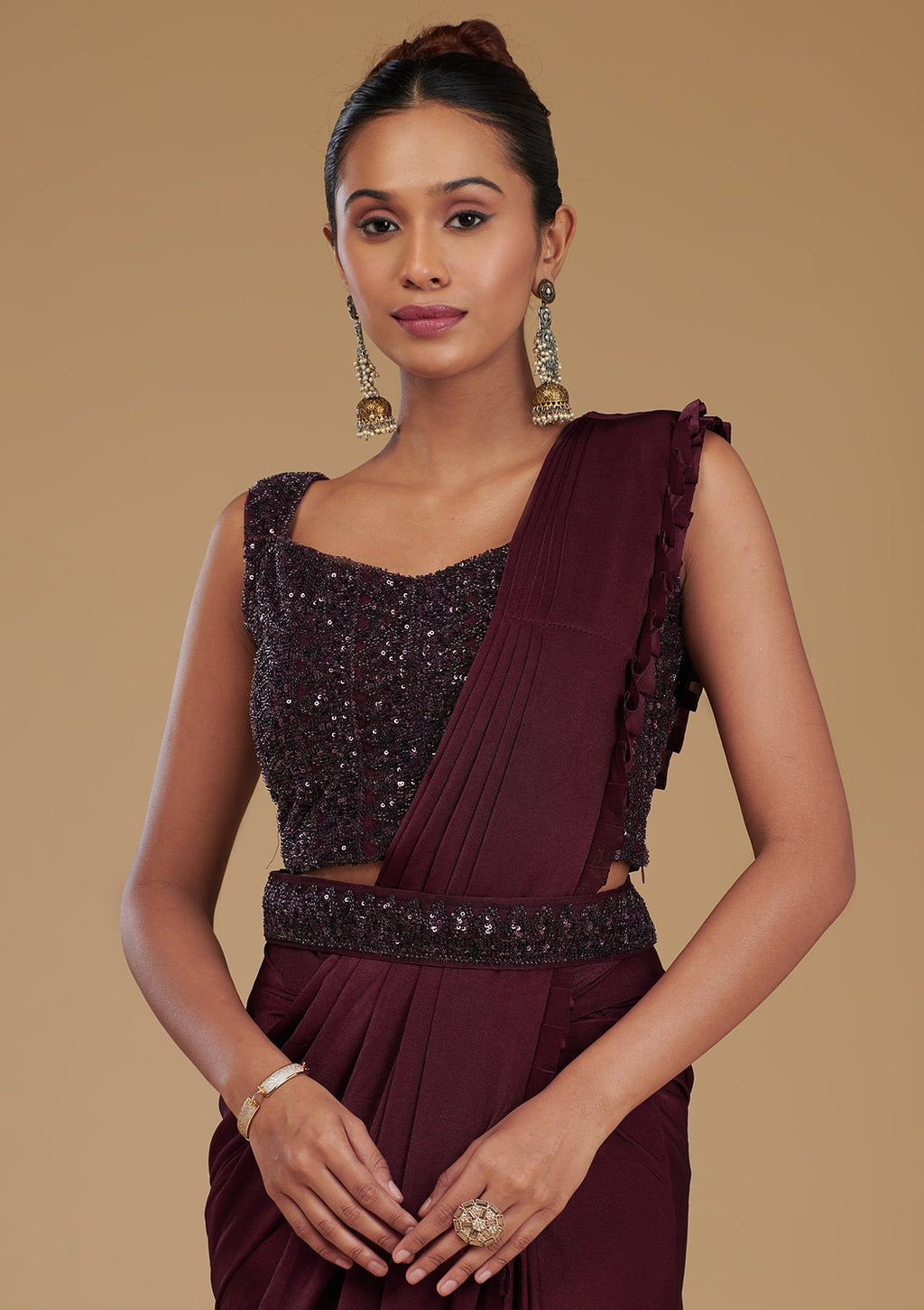 Wine Cutdana Satin Readymade Saree