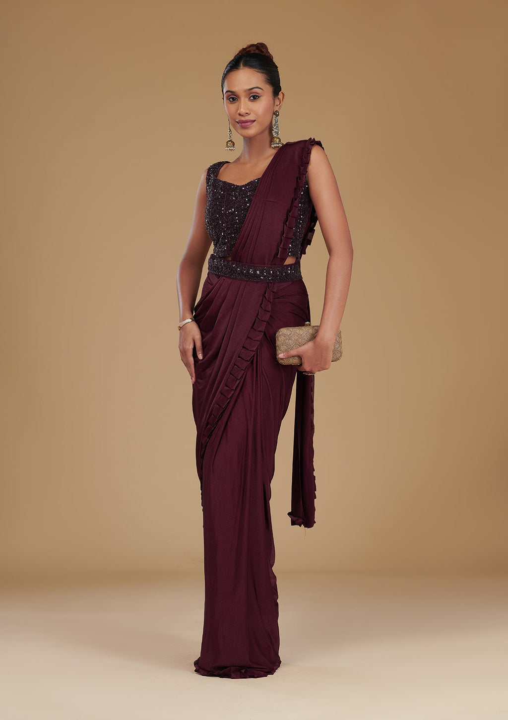 Wine Cutdana Satin Readymade Saree