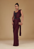 Wine Cutdana Satin Readymade Saree