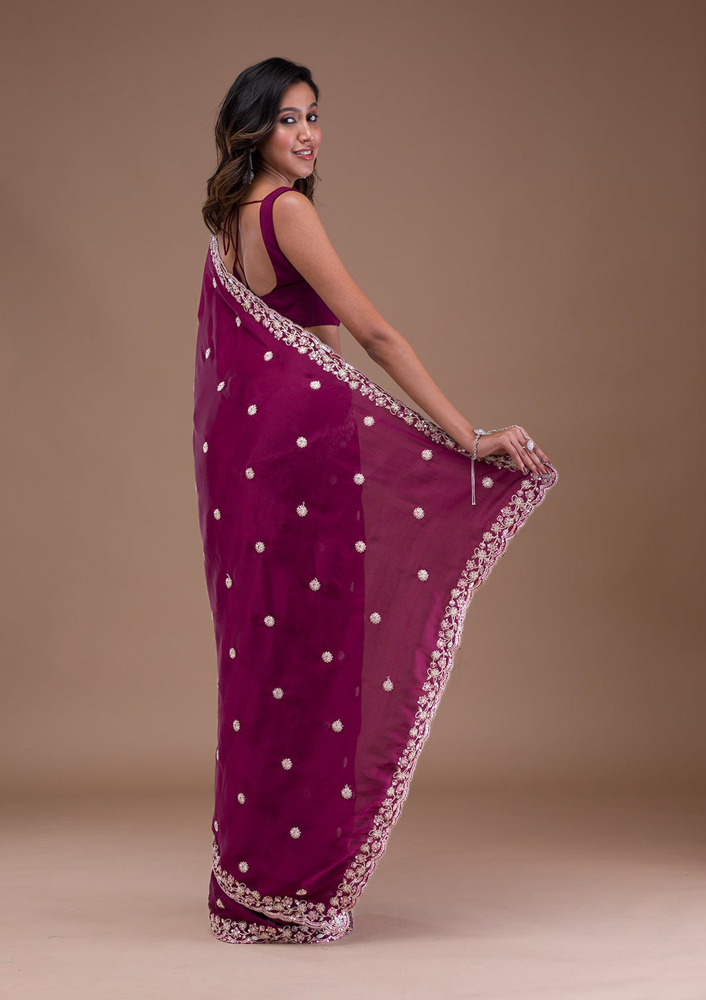 Wine Zariwork (Silver) Crepe Saree