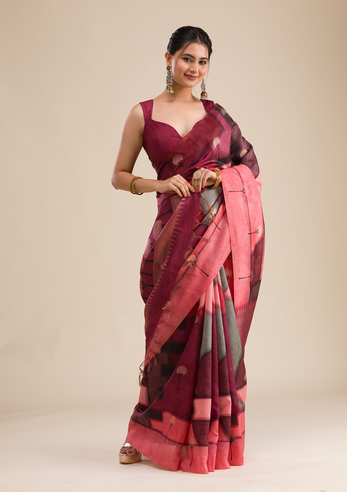 Wine Printed Art Silk Saree