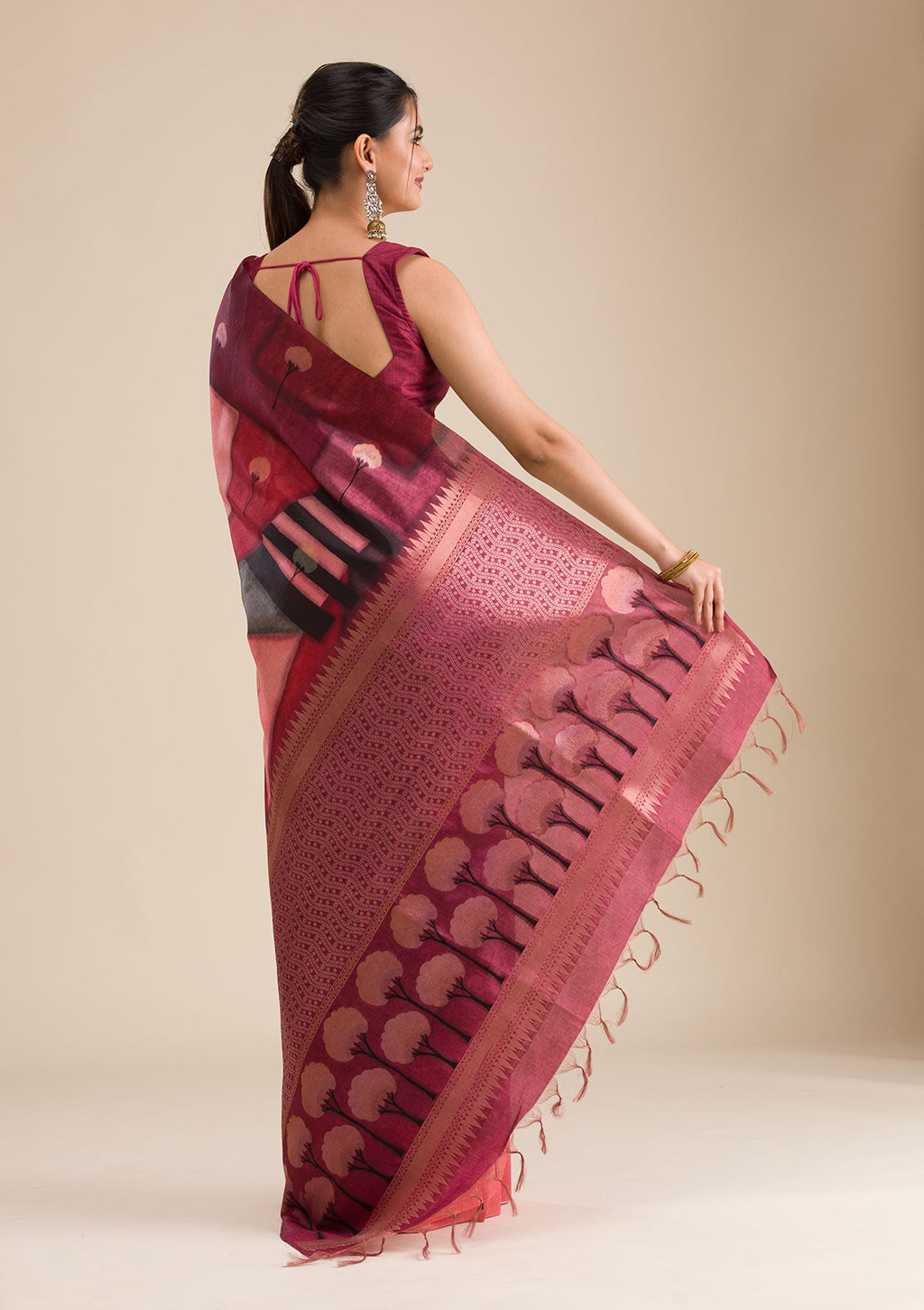 Wine Printed Art Silk Saree