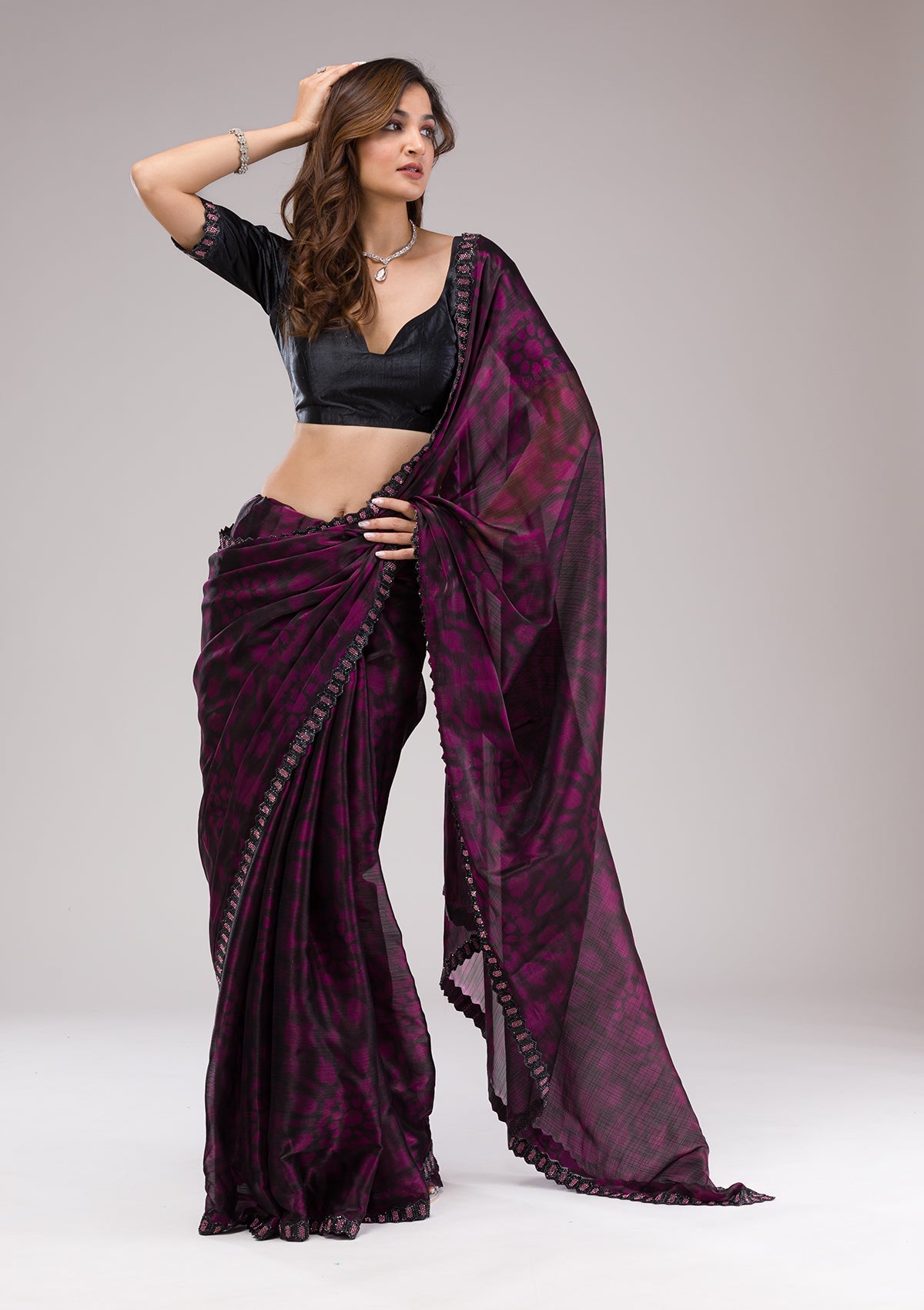 Wine Stonework (Gold) Georgette Saree
