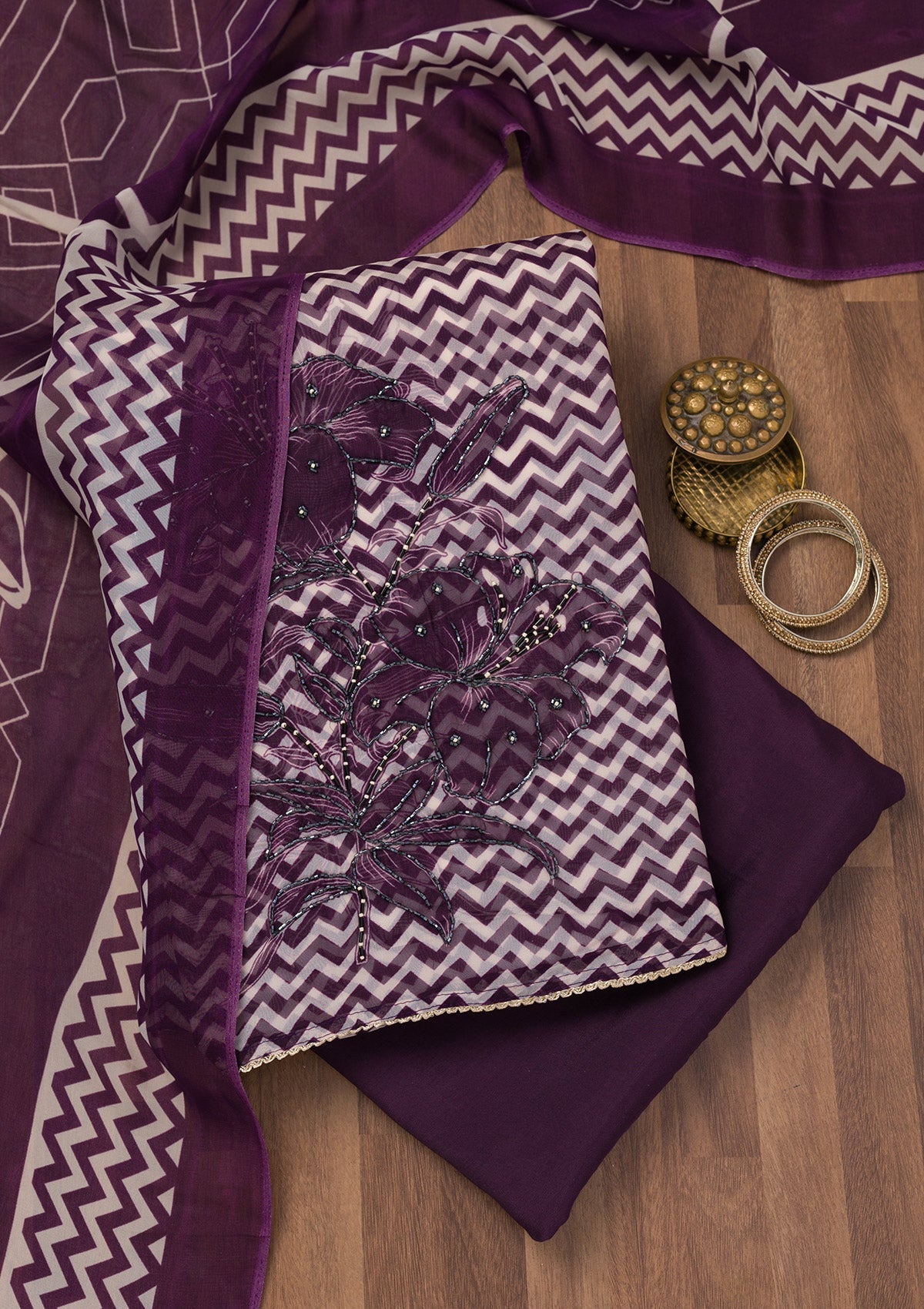 Wine Printed Semi Crepe Unstitched Salwar Suit