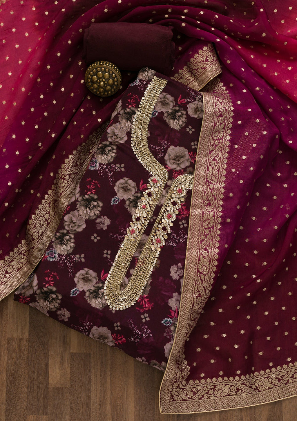 Wine Printed Semi Crepe Unstitched Salwar Suit