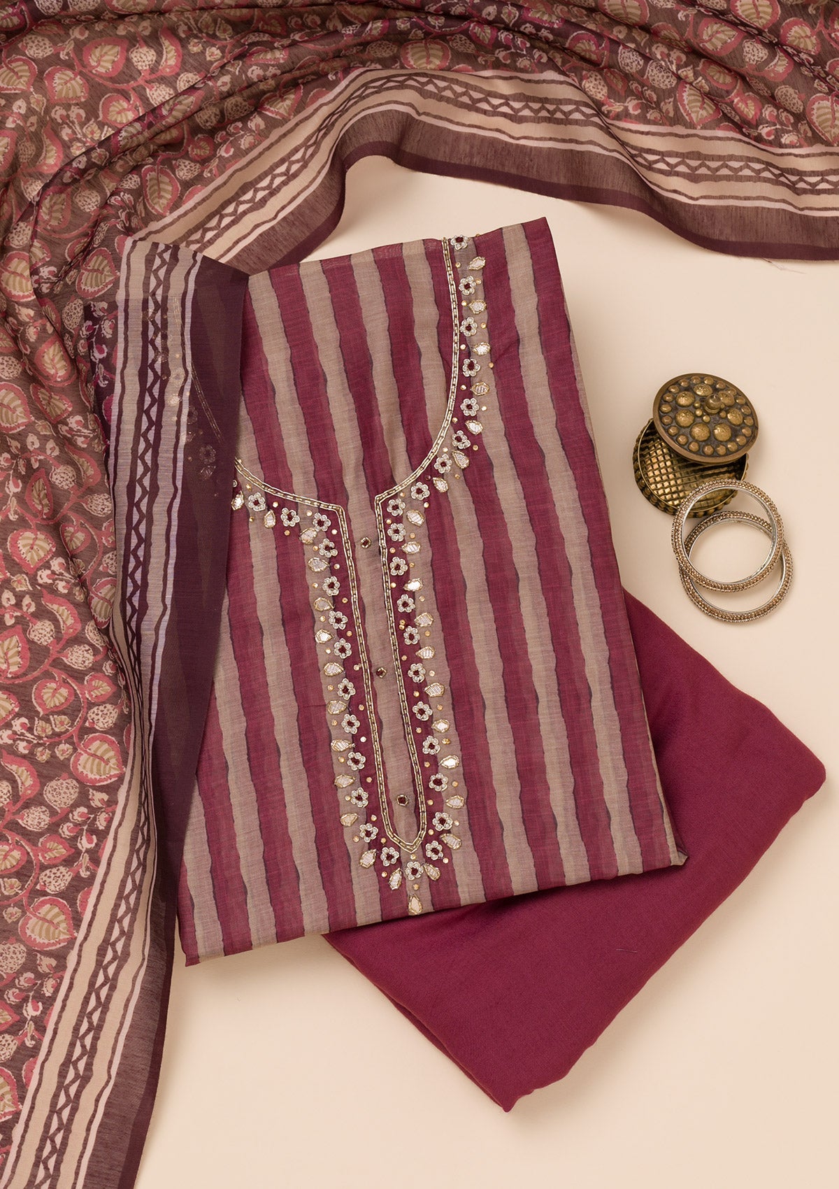 Wine Printed Tissue Unstitched Salwar Suit