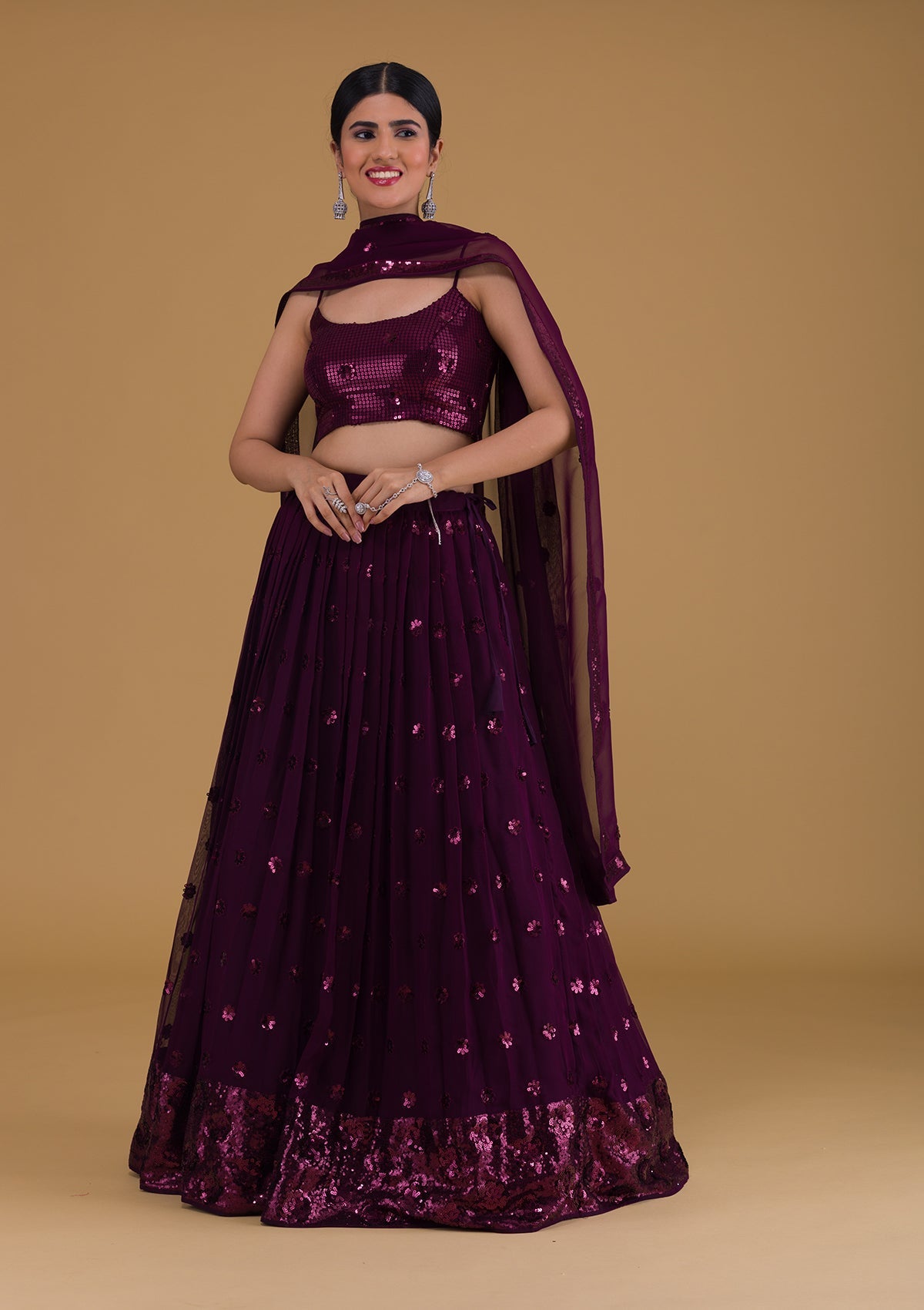 Wine Sequins Georgette Semi Stitched Lehenga