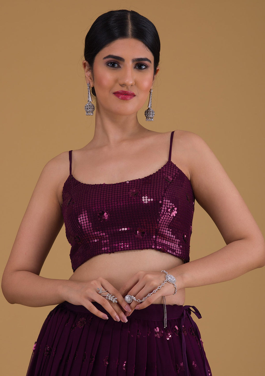 Wine Sequins Georgette Semi Stitched Lehenga
