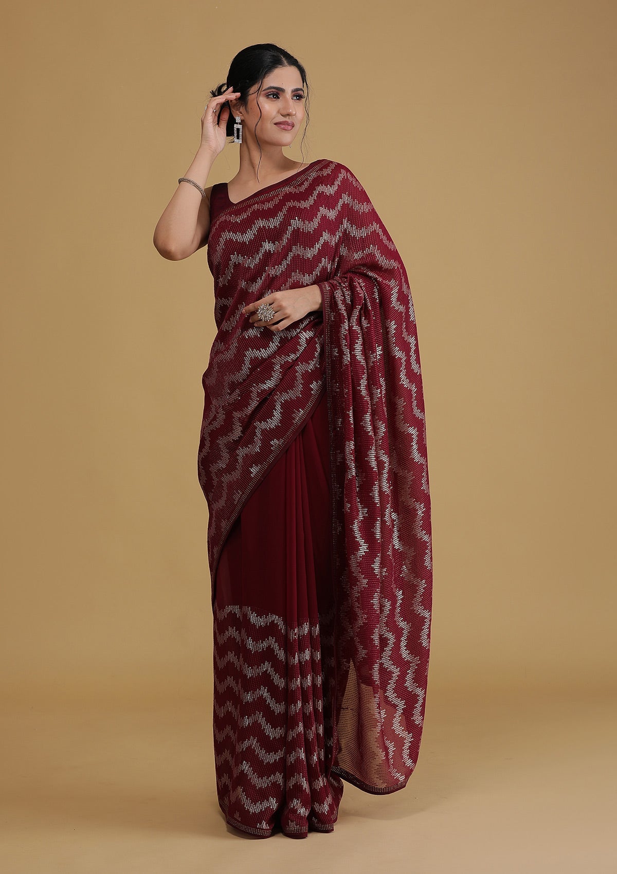 Wine Sequins Georgette Designer Saree