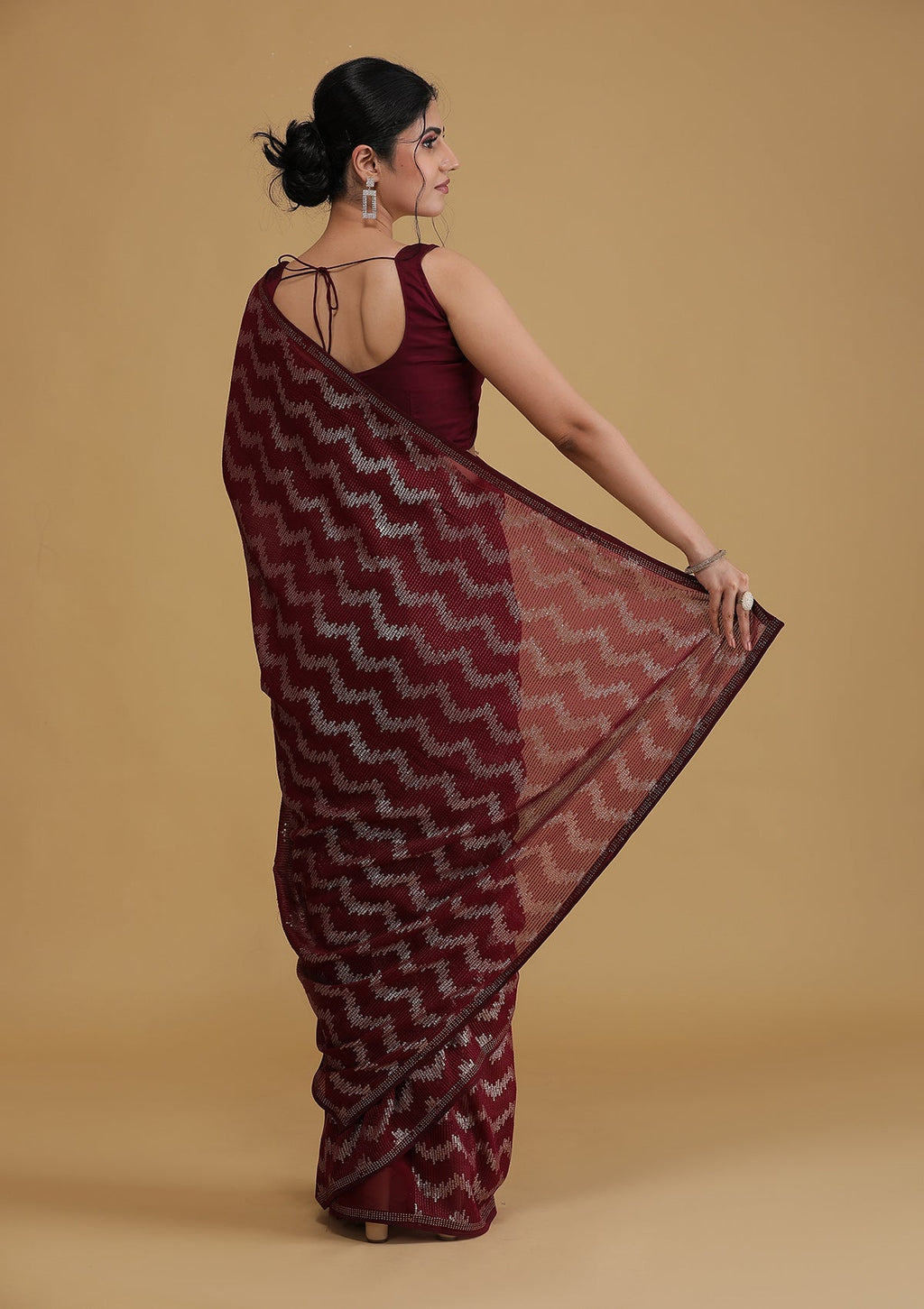 Wine Sequins Georgette Designer Saree