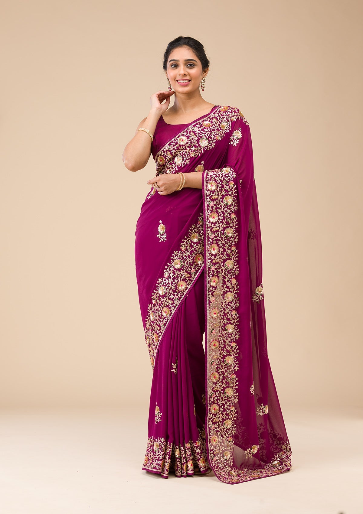Wine Sequins Georgette Saree