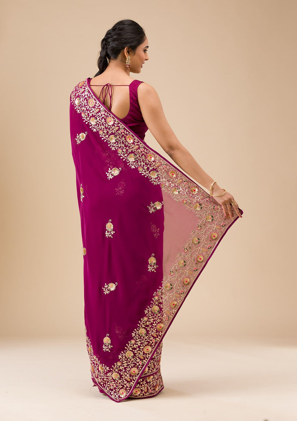 Wine Sequins Georgette Saree