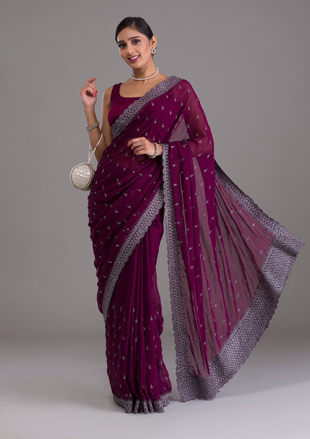 Wine Stonework Georgette Designer Saree
