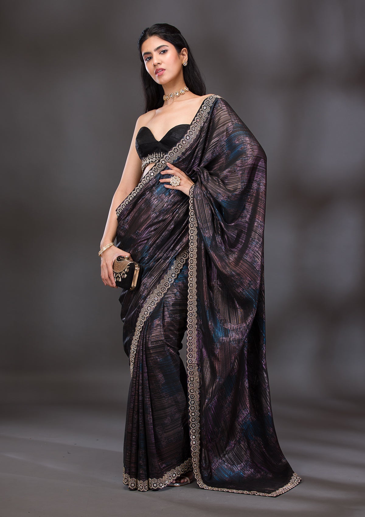 Wine Stonework Shimmer Saree