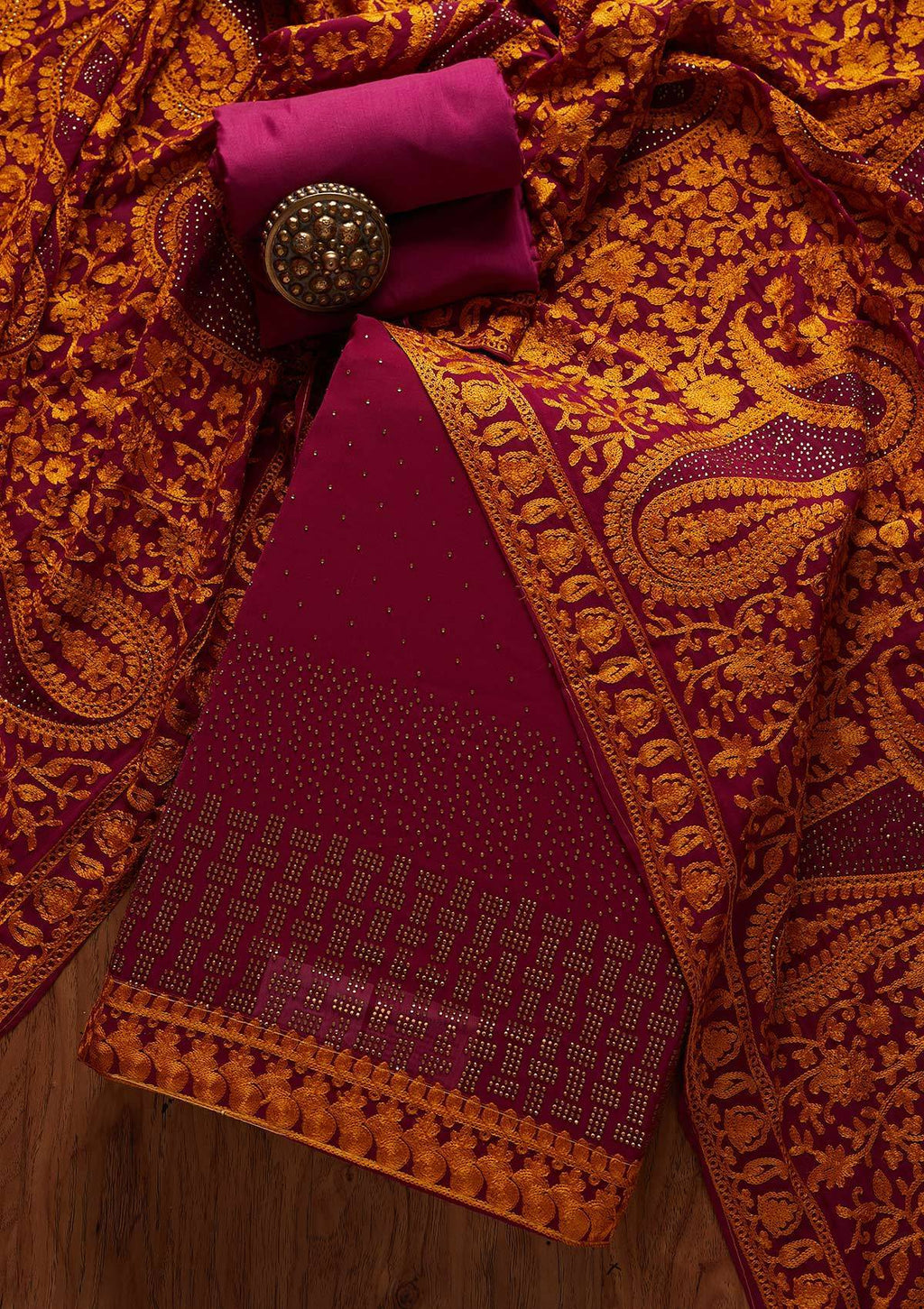 Wine Swarovski Georgette Unstitched Salwar Suit