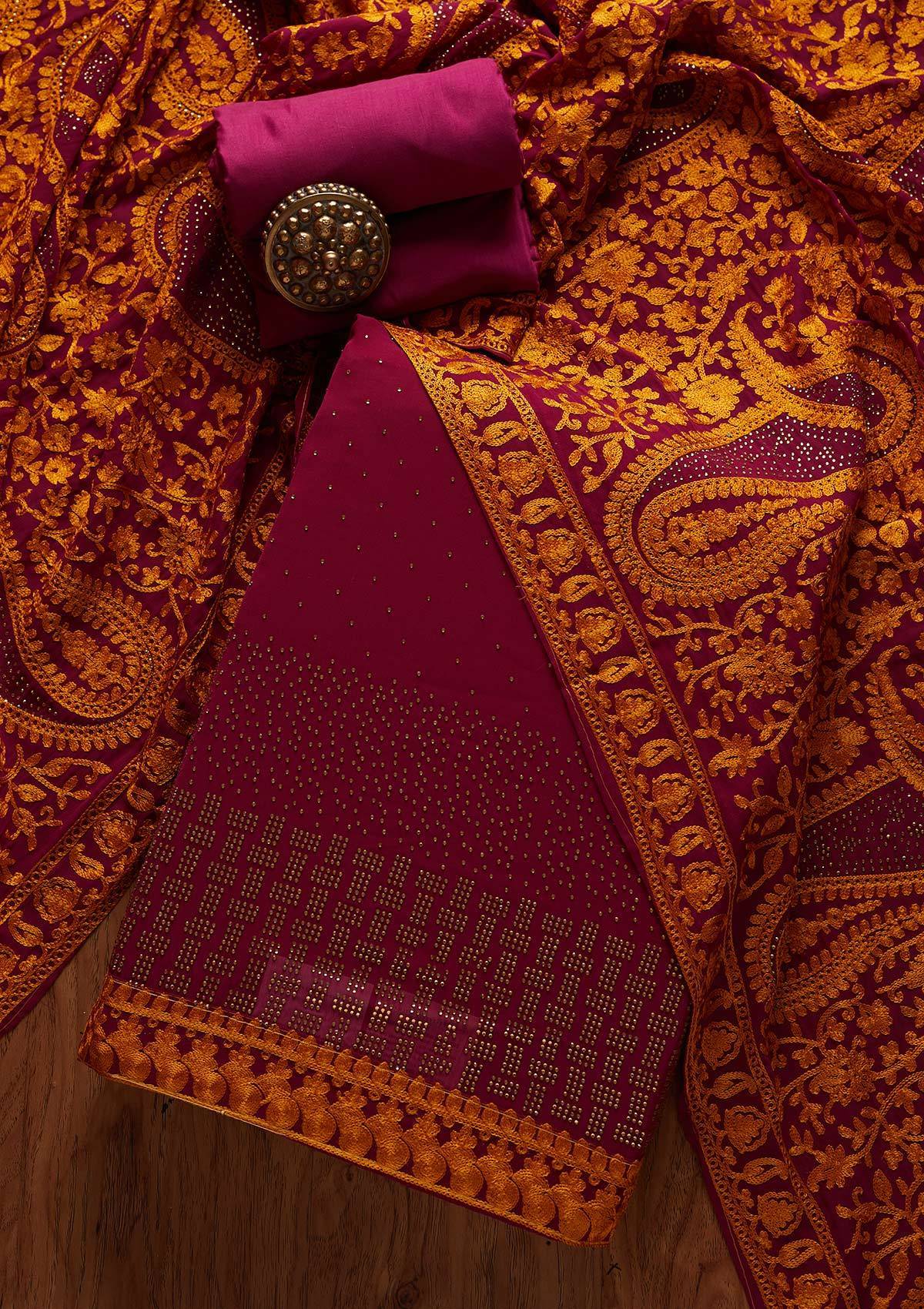 Wine Swarovski Georgette Unstitched Salwar Suit