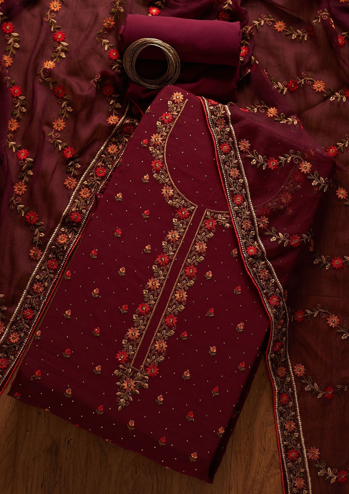 Wine Threadwork Georgette Unstitched Salwar Suit