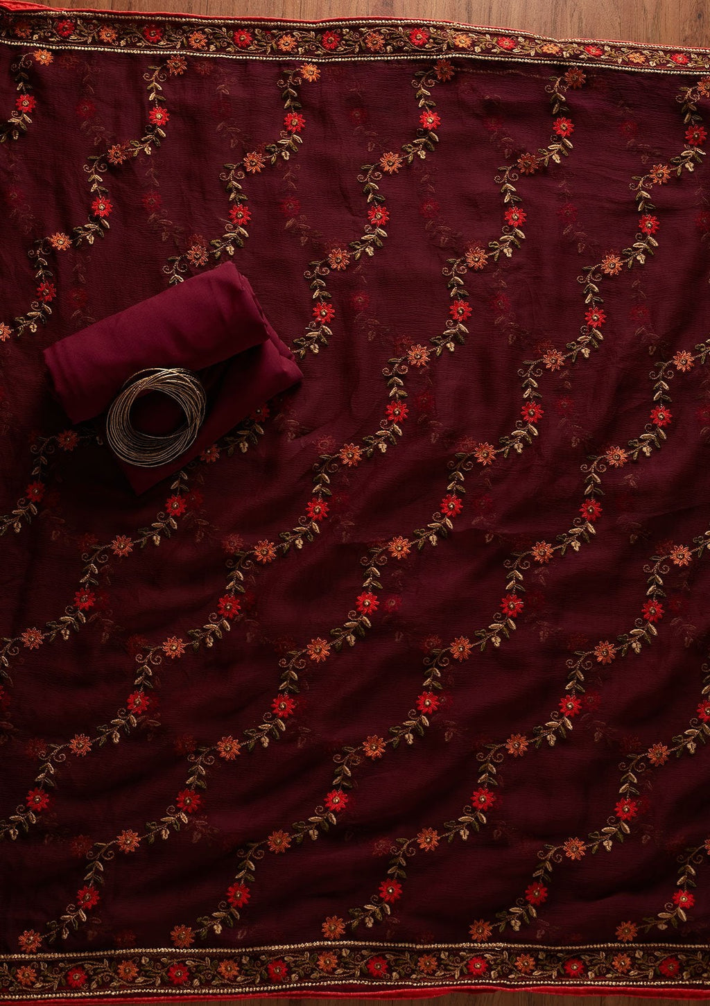 Wine Threadwork Georgette Unstitched Salwar Suit